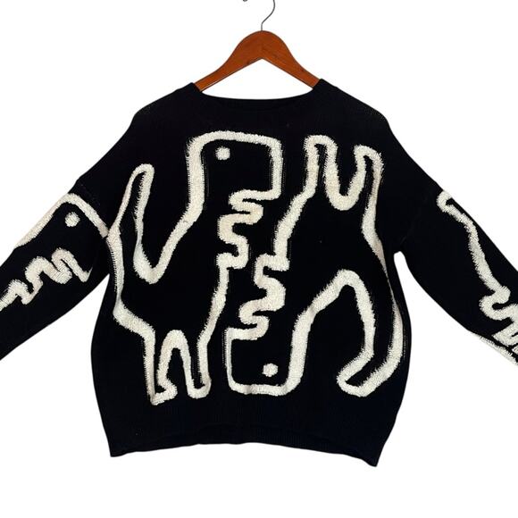Dinosaur Knit Sweater Womens XS Black White Fuzzy 3D Pullover Novelty T Rex - Picture 3 of 8